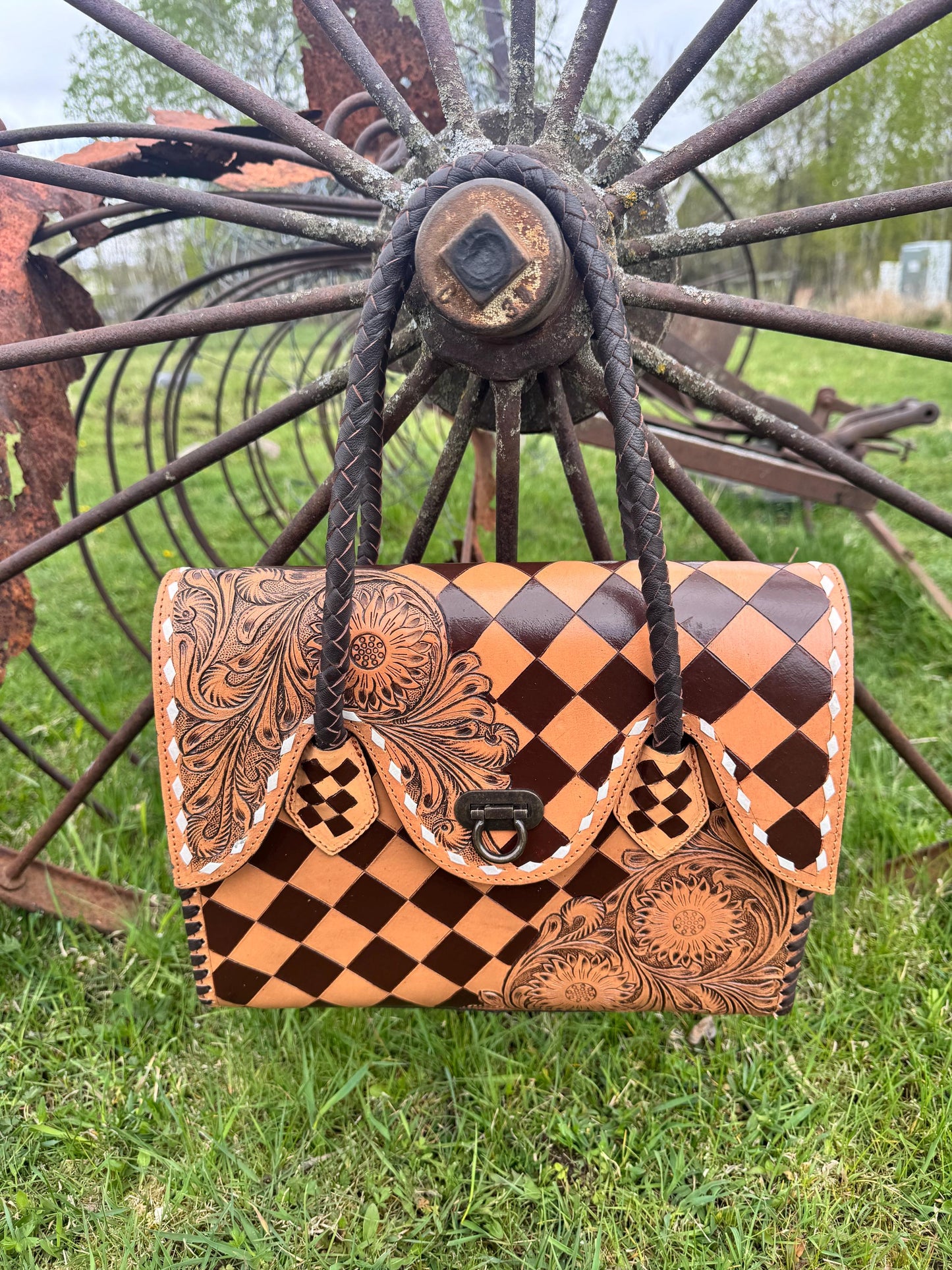 Western Genuine Leather Checkered Handbag