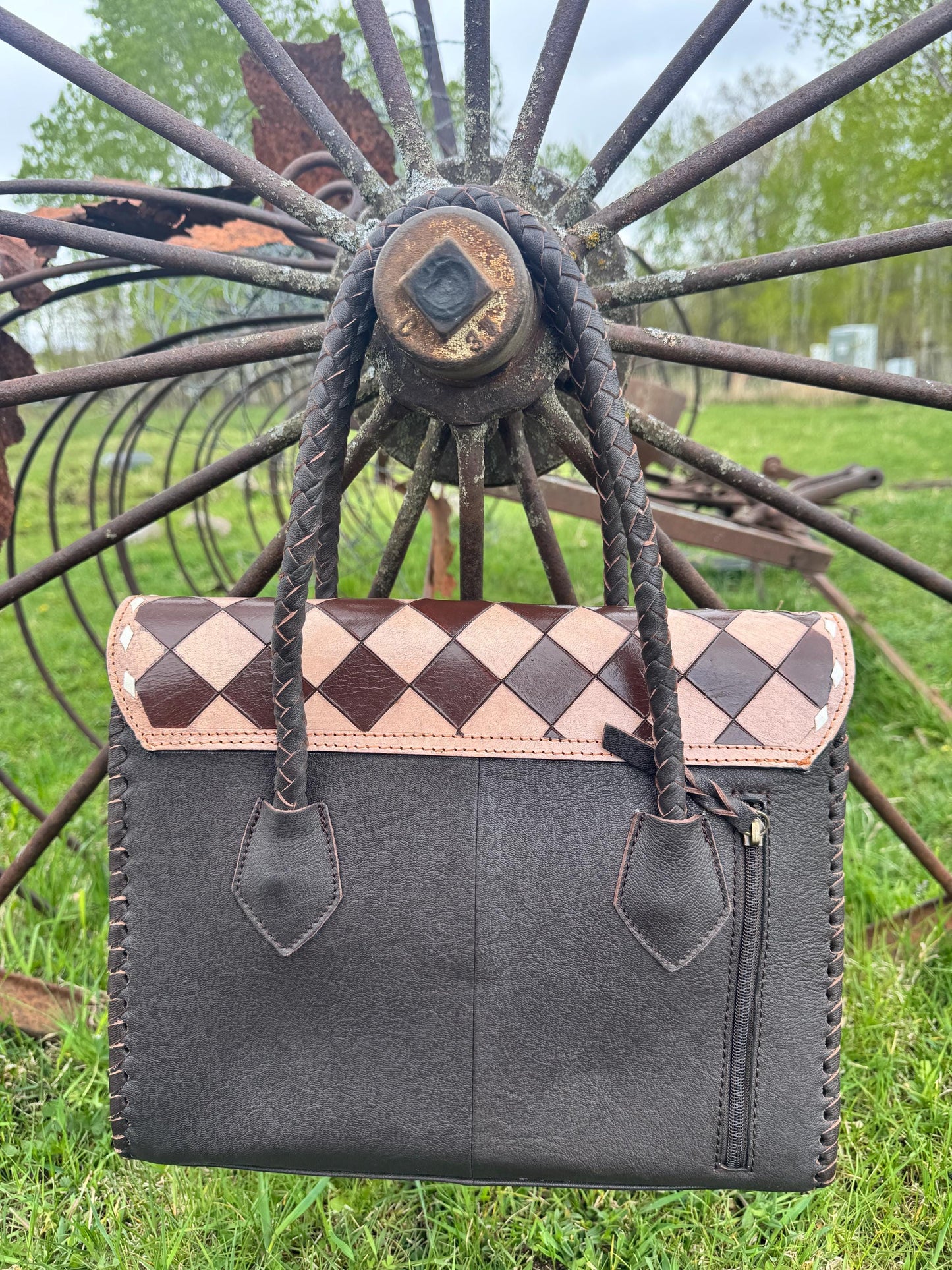 Western Genuine Leather Checkered Handbag