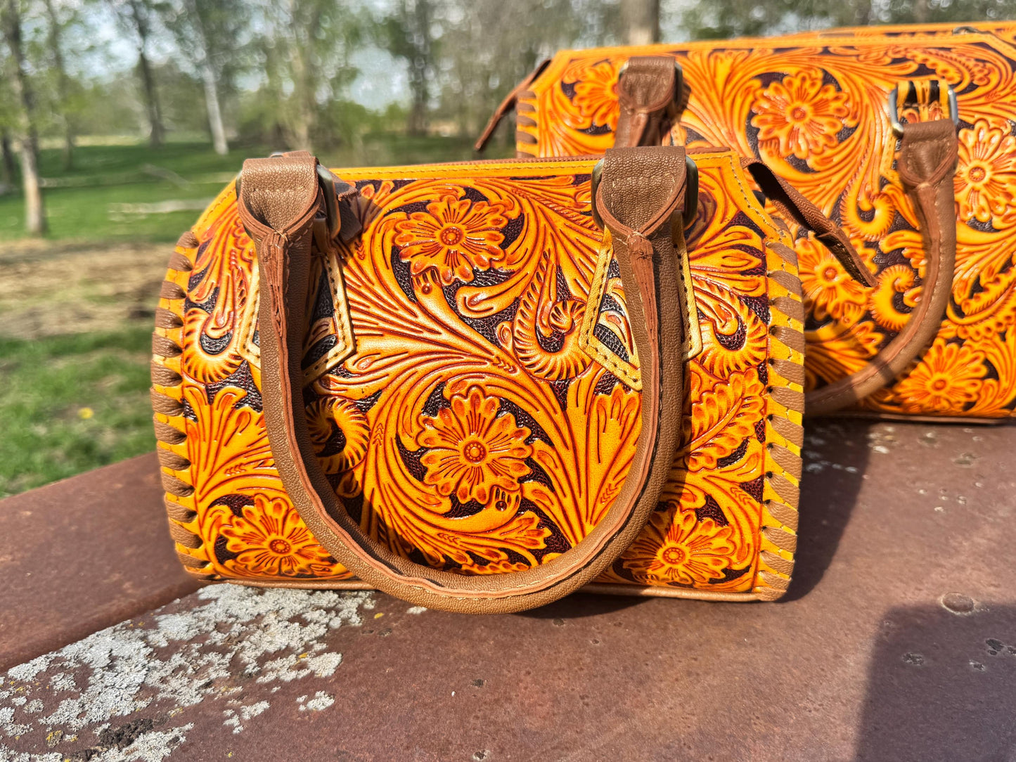 Sorrel Sunset Speedy Western Genuine Leather Barrel Bag Purse