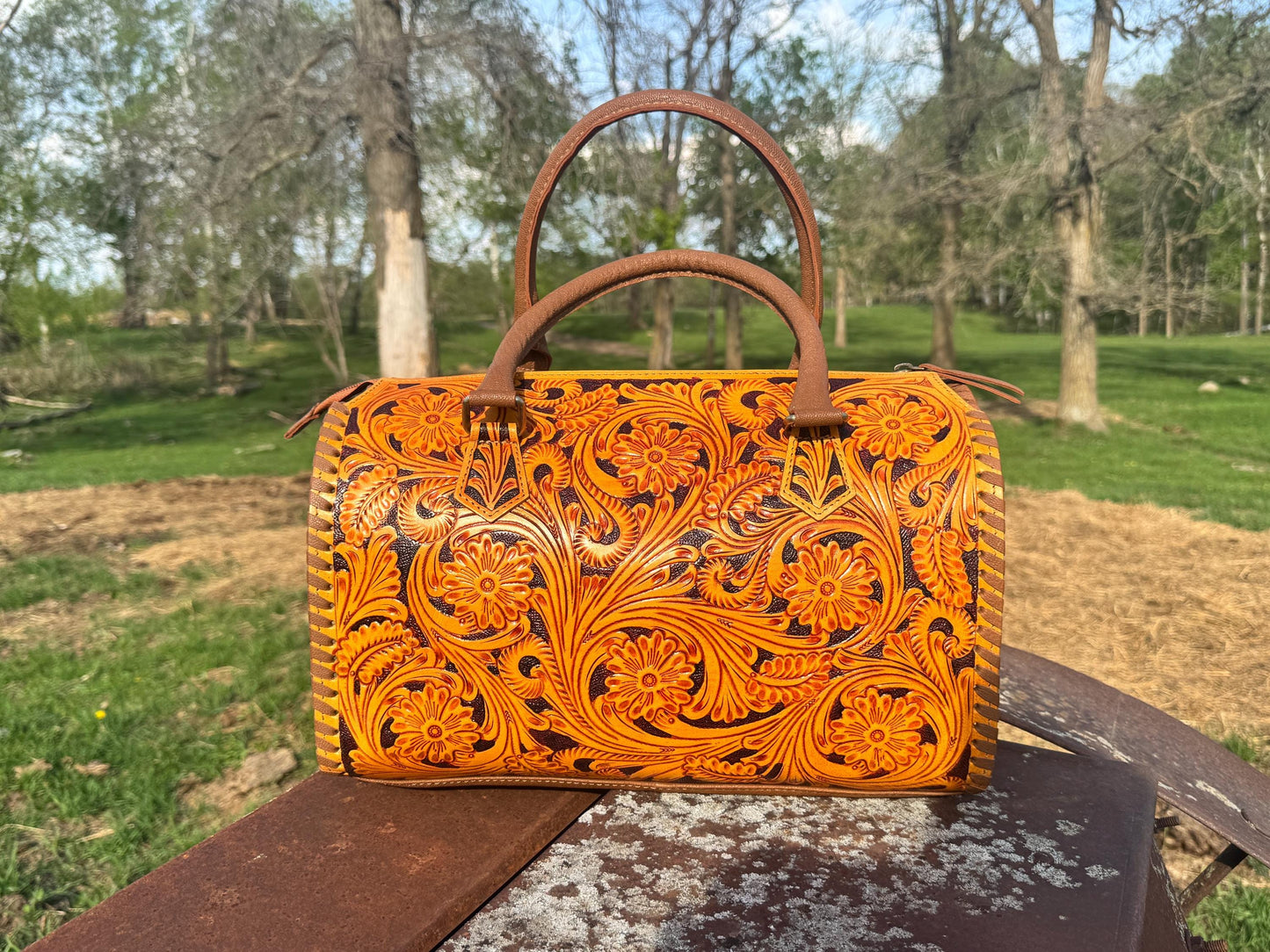 Sorrel Sunset Speedy Western Genuine Leather Barrel Bag Purse