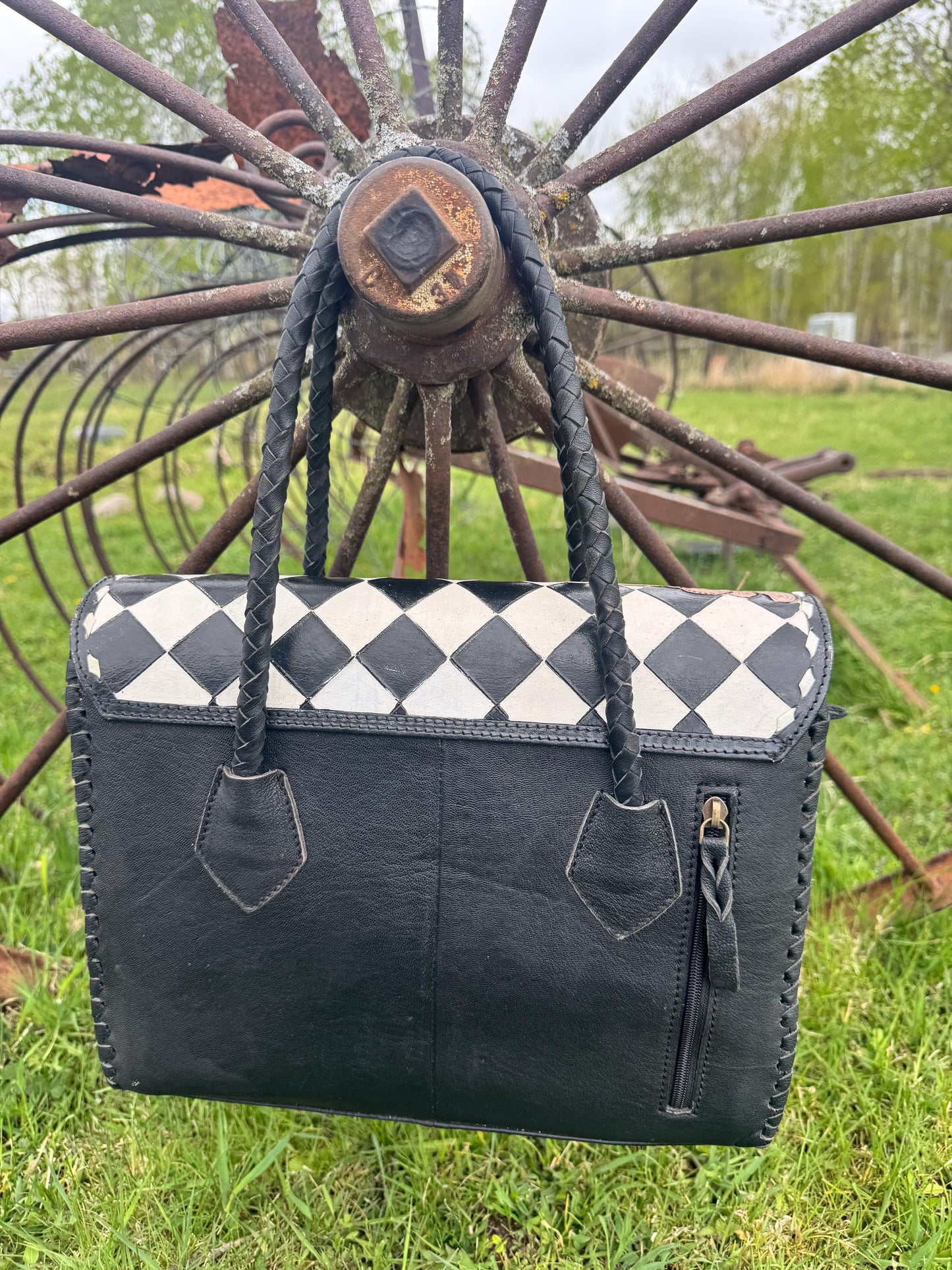 Western Genuine Leather Checkered Handbag
