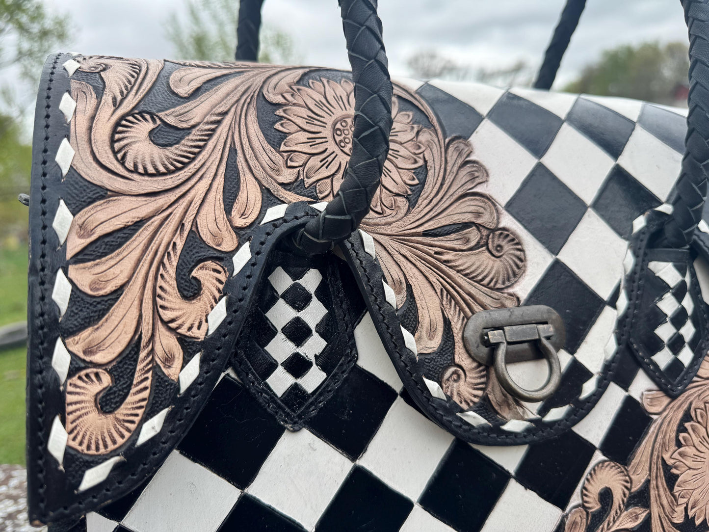 Western Genuine Leather Checkered Handbag