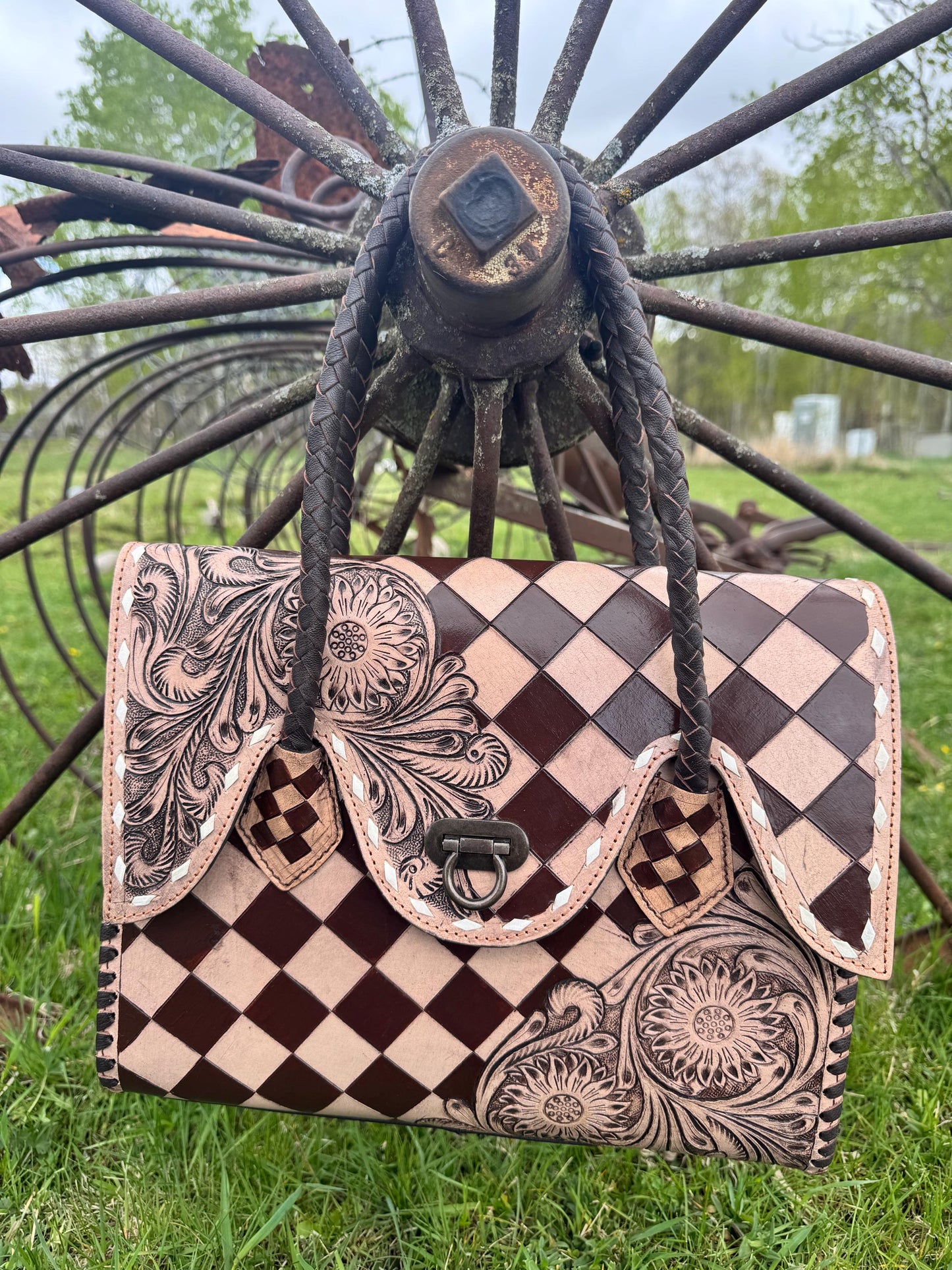 Western Genuine Leather Checkered Handbag