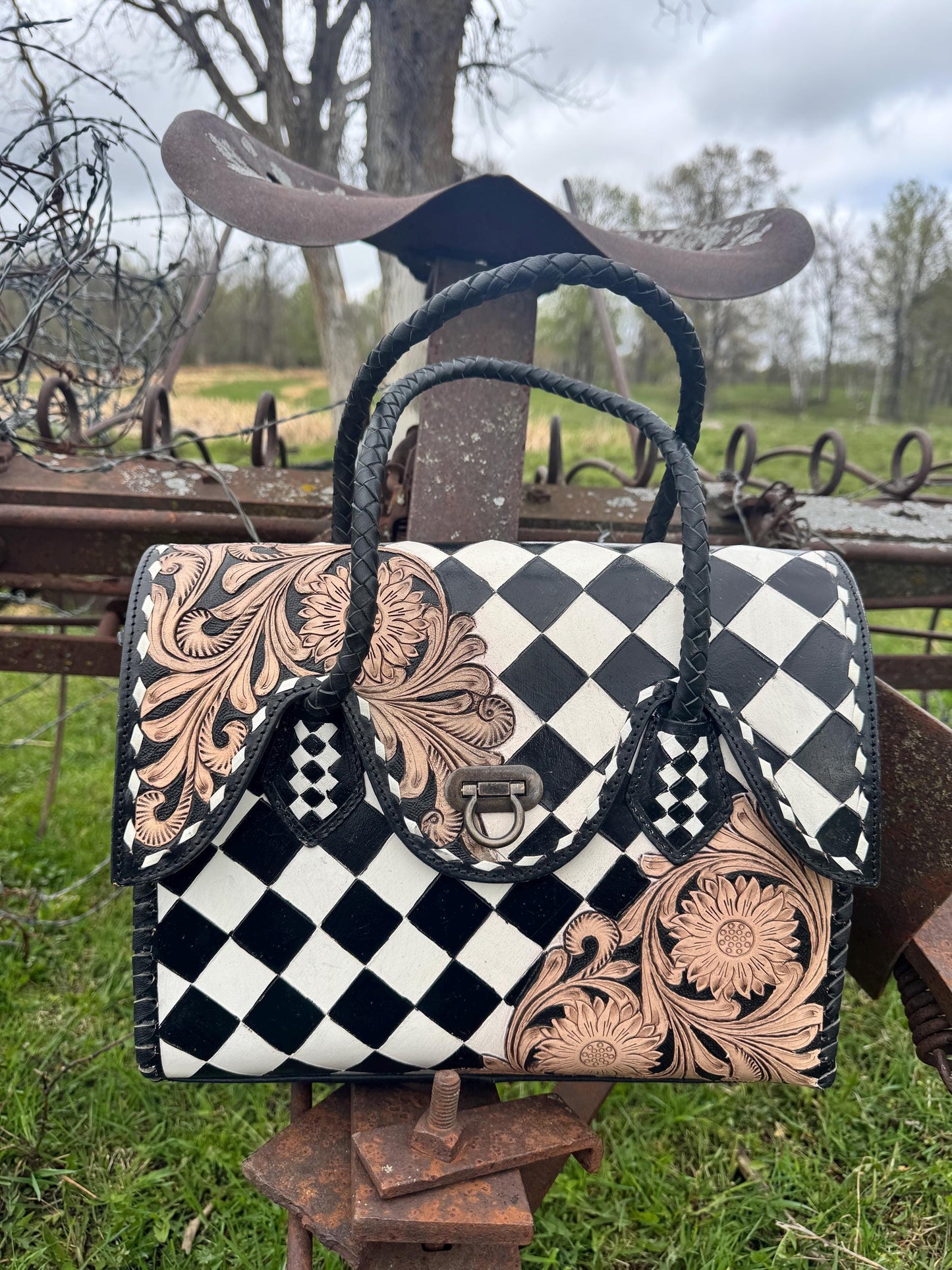 Western Genuine Leather Checkered Handbag