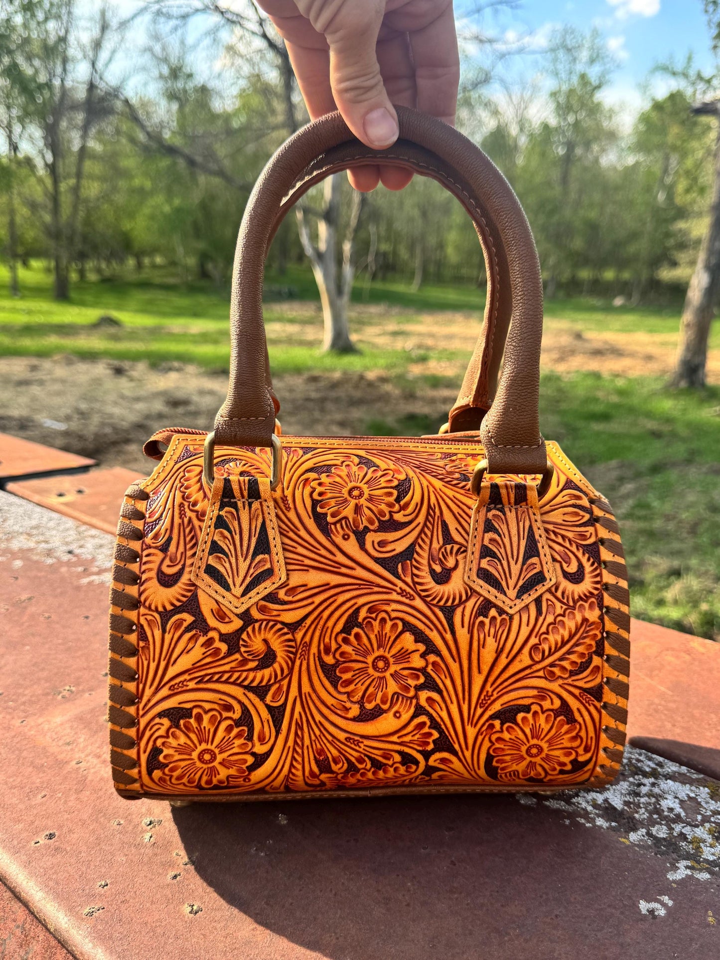 Sorrel Sunset Speedy Western Genuine Leather Barrel Bag Purse