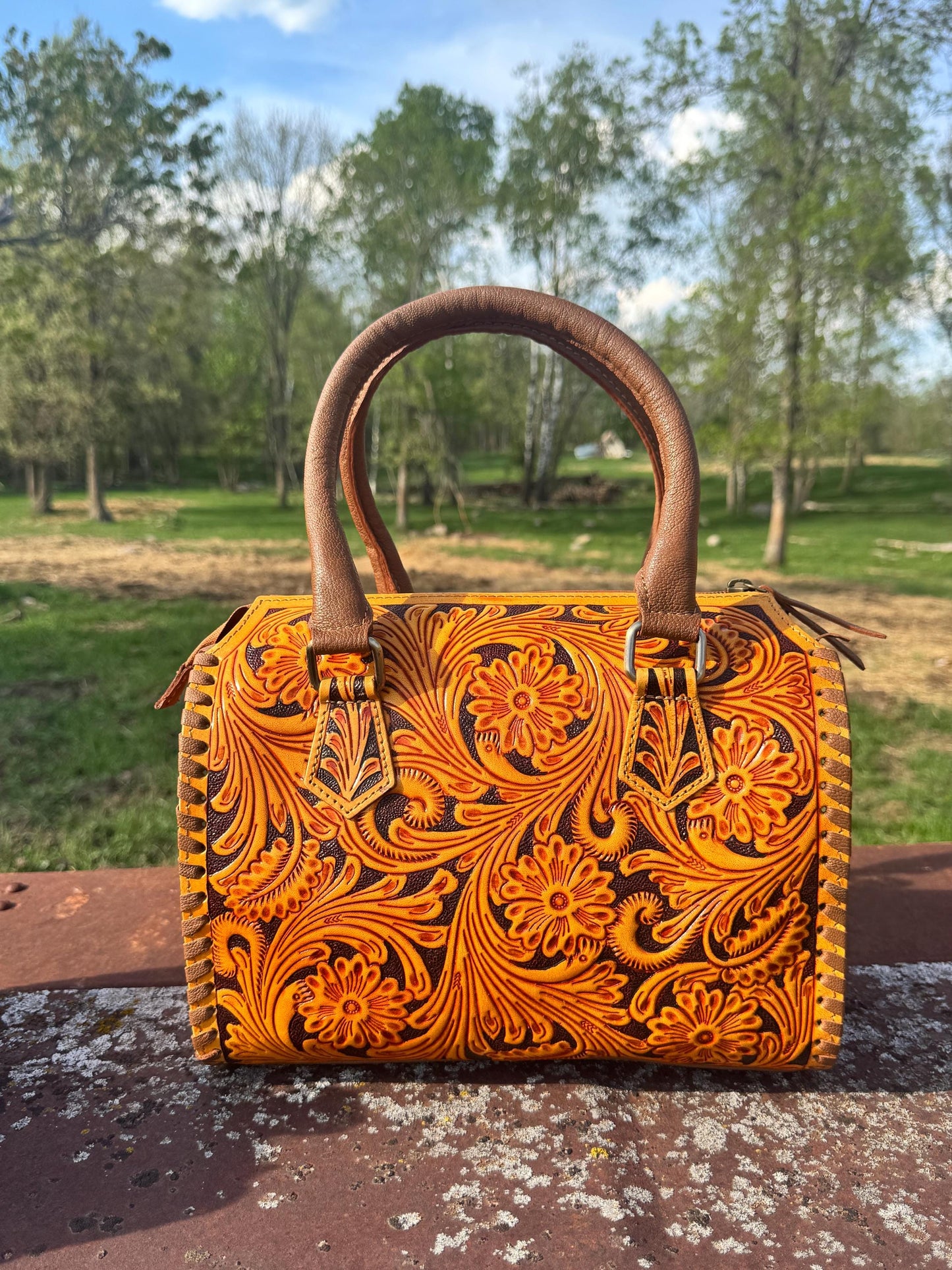 Sorrel Sunset Speedy Western Genuine Leather Barrel Bag Purse
