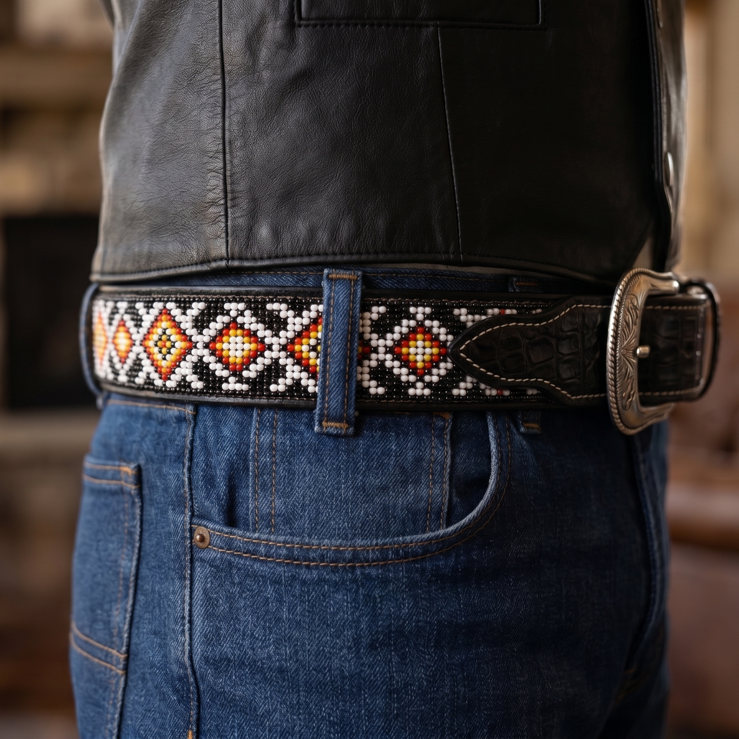 Fire Diamond Leather Cowboy Belt