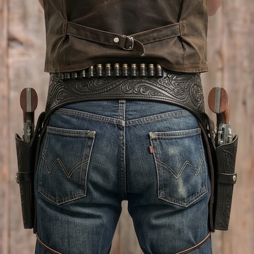Person wearing blue jeans with a leather holster and belt against a wooden background