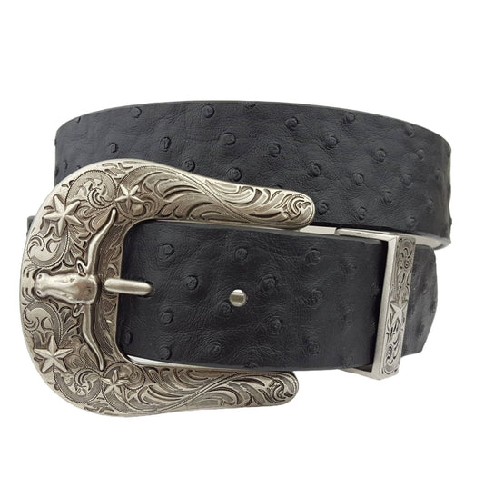 Longhorn Buckle Set w. Ostrich Print Belt