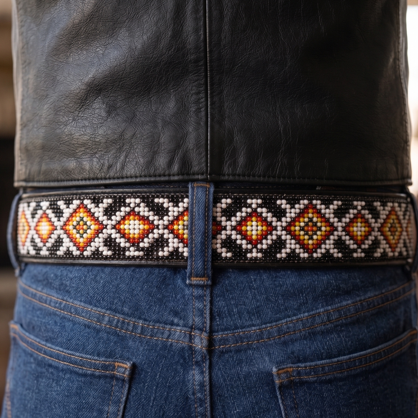 Person wearing a black leather jacket and blue jeans with a decorative belt in a room.