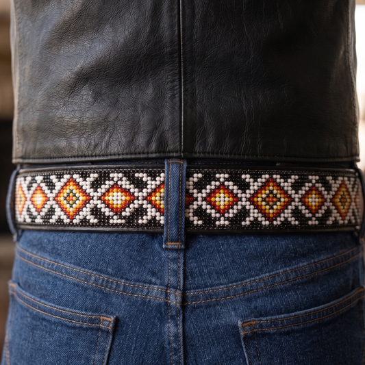 Person wearing a black leather jacket and blue jeans with a decorative belt in a room.