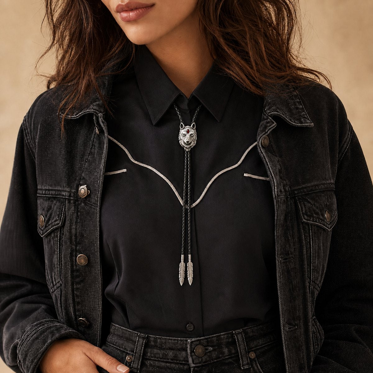 Stainless Steel Red Inlay Wolf Head Bolo Tie
