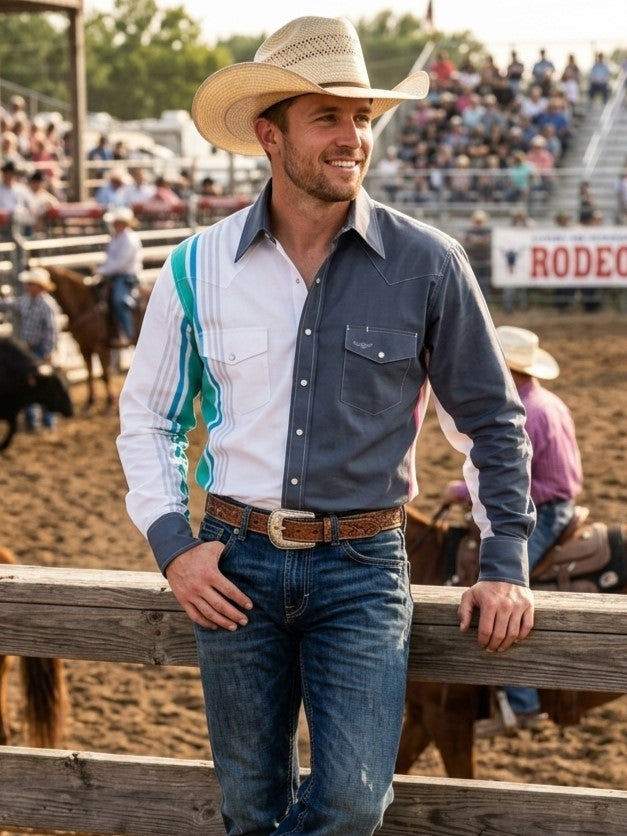 Flying R Ranchwear - Cantina Collection - Gray Retro Stripe - Long Sleeve - Classic Fit