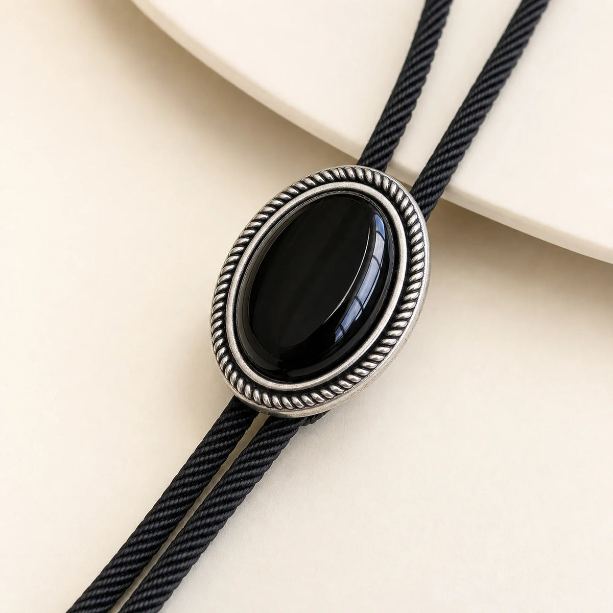 Silver Rope Black Obsidian Bolo Tie