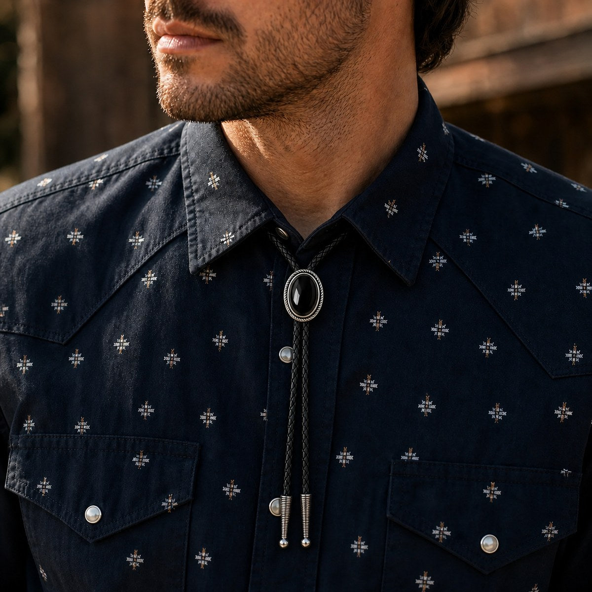 Silver Rope Black Obsidian Bolo Tie