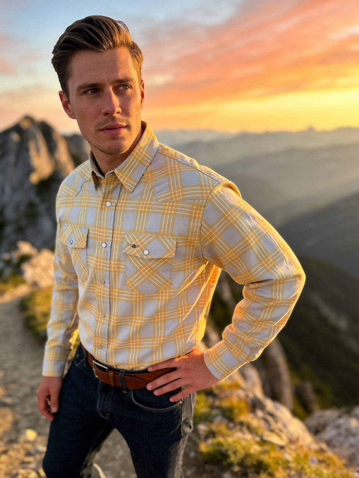 Flying R Ranchwear - Feather Plaids - Gray & Yellow - Long Sleeve - Casual Fit